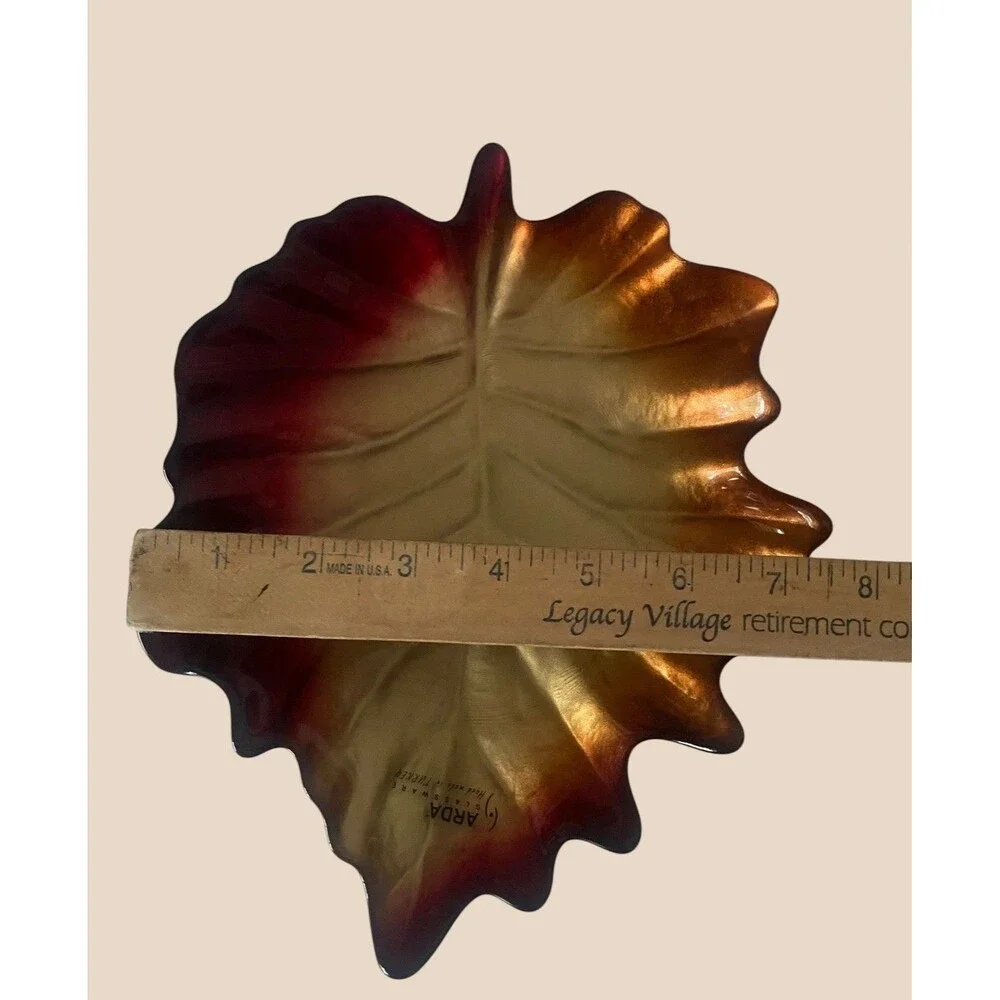 VTG Arda Glassware Autumn Leaf Bowl Tray Iridescent Art Glass Handmade Turkey